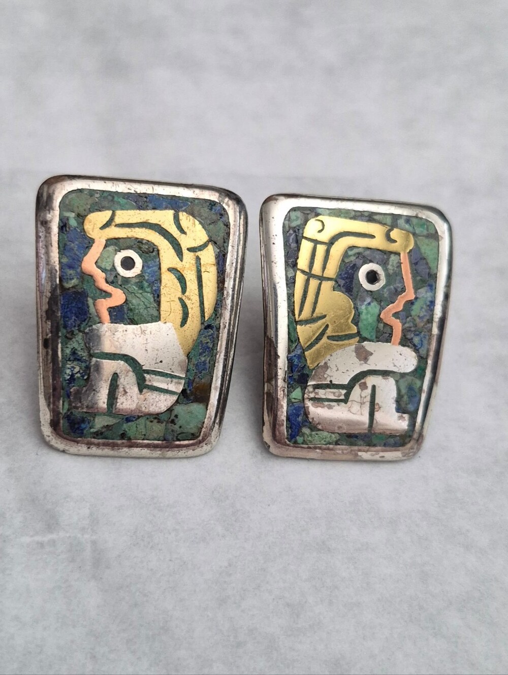 Vintage Taxco Modernist Hestor Sterling Silver Mixed Metales Inlay Earrings